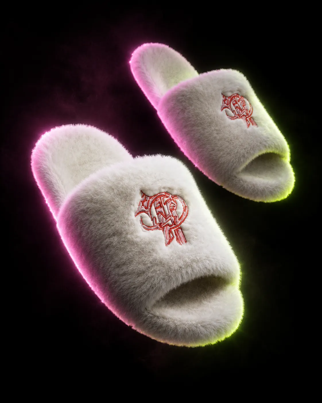 Cloud Slippers — white faux-fur slides with the Princess Plug crest, rim-lit in pink and neon green