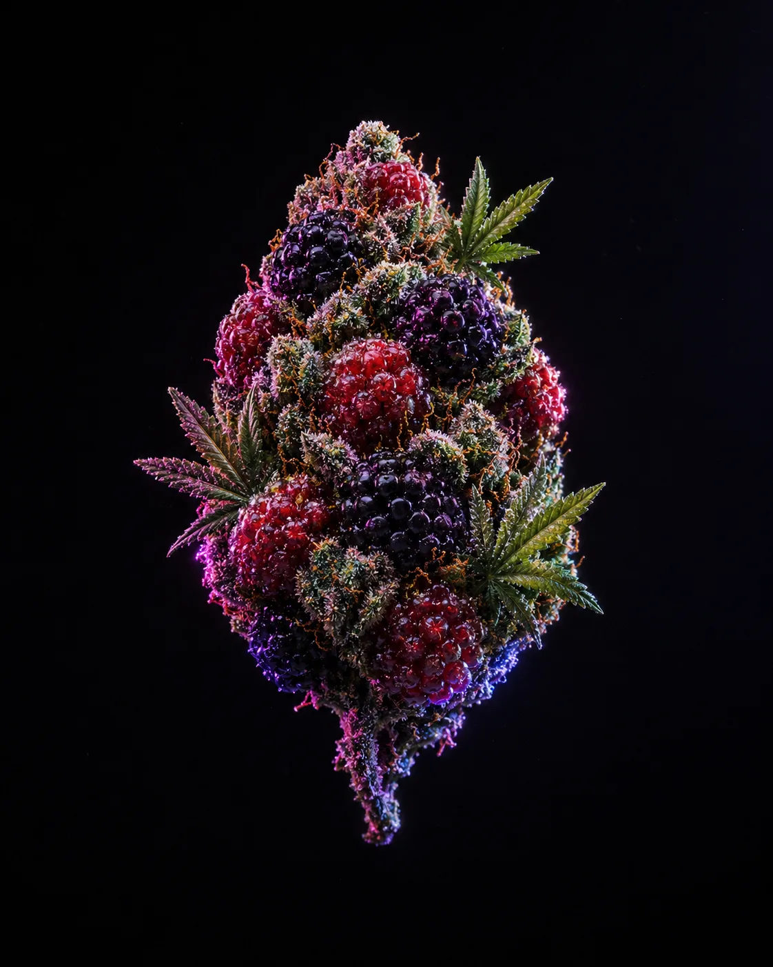 Mellow Berry — a frosted berry-cluster cannabis flower lit in pink and purple