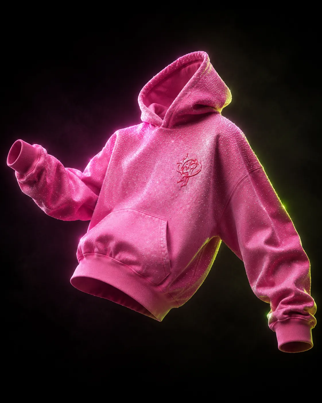 Pink rhinestone Princess Plug hoodie floating on black