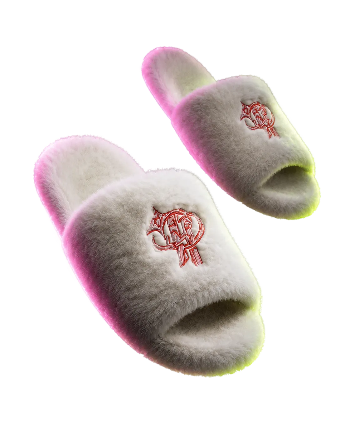Cloud Slippers — white faux-fur slides with the Princess Plug crest, rim-lit in pink and neon green