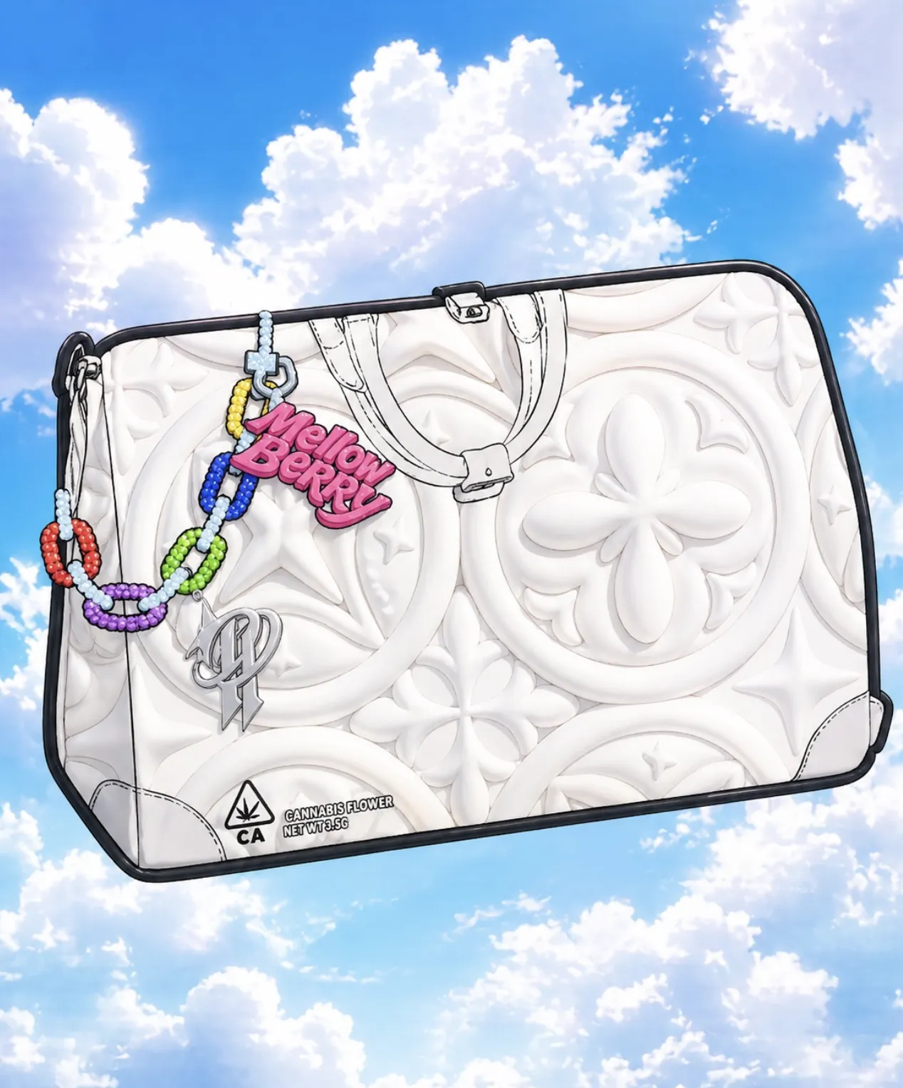 Eighth Pack mylar bag floating against a blue sky with clouds